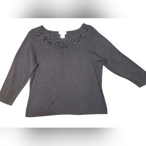 Black Long Sleeve Silk Blend Top with Beaded Detail